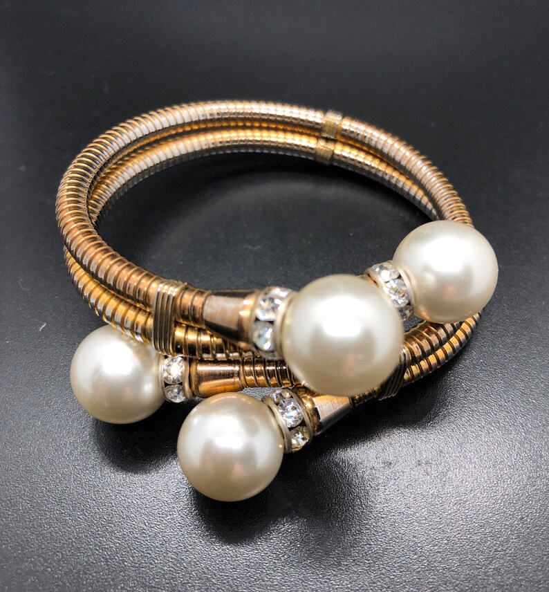 Vintage Double Coil Snake Faux Pearl and Rhinestone Crossover Bangle