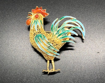 Broche de gallo de esmalte de malla de tono dorado vintage