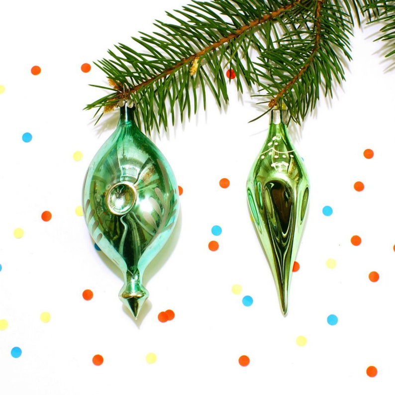 2 Green Christmas Glass Ornaments Icicles Vintage Soviet Etsy