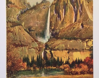 Vintage Print YOSEMITE FALLS Salesman Sample Litho circa 1940s Mountain Scene