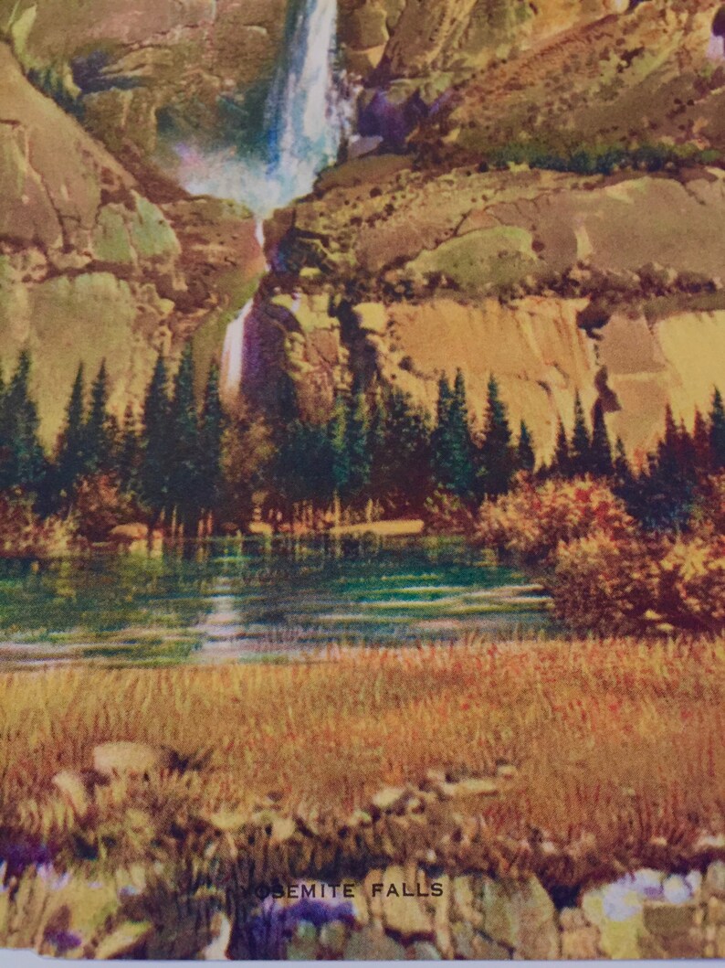 Vintage Print YOSEMITE FALLS Salesman Sample Litho circa 1940s Mountain Scene