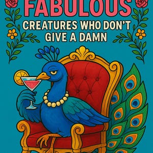 Puede incluir: Portada de libro para colorear con un pavo real en un sillón rojo, sosteniendo un cóctel. El texto dice "FERAL & FABULOUS CREATURES WHO DON'T GIVE A DAMN." El fondo es turquesa, con detalles florales.