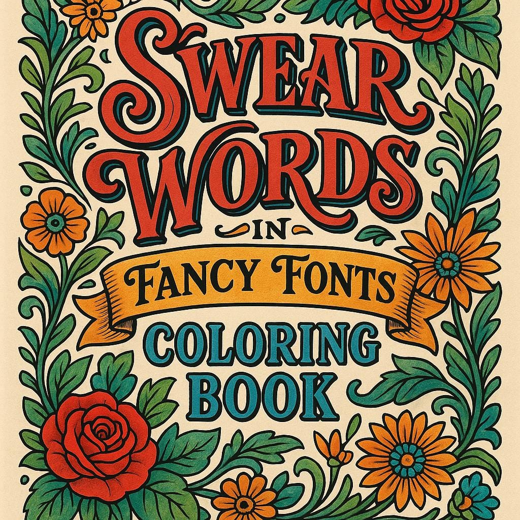 Libro de colorear PDF de Palabrotas en Tipografías Elegantes – Páginas graciosas antiestrés para adultos – Descarga digital instantánea
