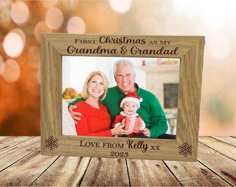 Grandparent First Christmas Personalised Frame Gift, New Grandma and Grandad Engraved Frame for baby's first Xmas, Grandma Grandad Xmas gift