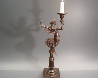 rare ALUMINIUM antique Historism CANDLESTICK - large MERMAID figure 19th century candleholder Sea Vergin industrial design 18.7" Museum vtg