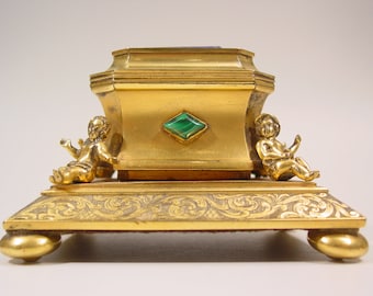 ANTIQUE BAROQUE INKSTAND - Silver case gilded - figural inkwell with boys and girls - german handmade desk set with gemstones around 1700-50