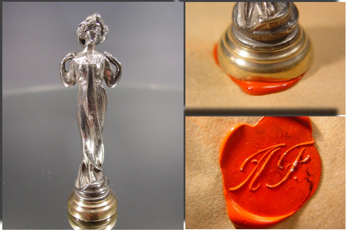 Art Nouveau wax SEAL - AF or JAF - silver plated female figure -  sigil stamp antique German modernism writing material - flatware  cutlery
