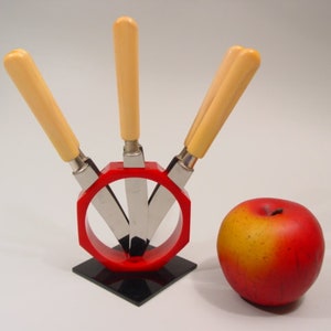 ART DECO black red BAKELITE ivory color Fruit Knife Set vintage cutlery collectible German modernism design flatware Solingen early plastic