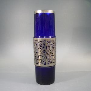 Huge blue ART GLASS VASE with steel overlay - vintage rare beautiful 70s Mid Century German large hand made Cobalt glass 11.81 &quot; inch height