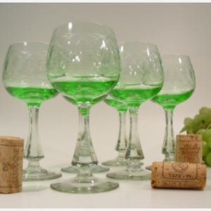 ART NOUVEAU 6 dessert wine glasses THERESIENTAL uranium Set 1 - Vintage German stemware cherry vine, with green carved glass coupe ca. 1900s