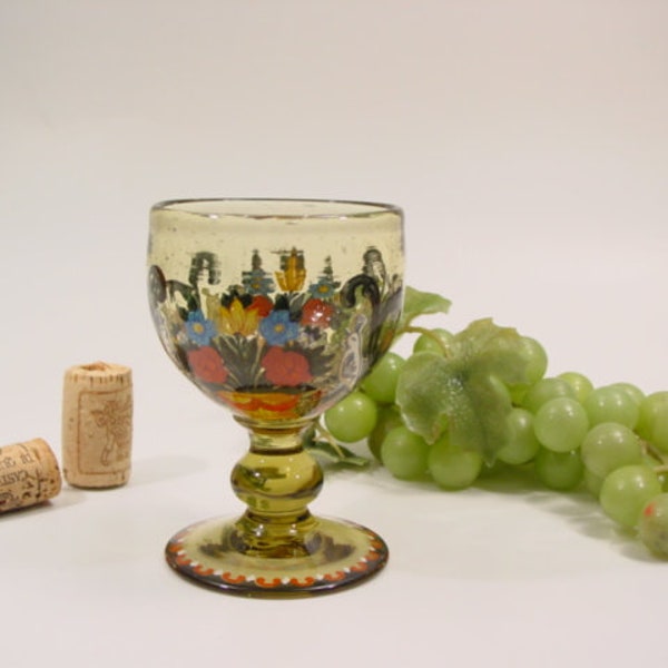 ANTIQUE wine glass BOHEMIA German enamel painted tourmaline stemware vine glass - white wine - dessert cherry glass - 1800s