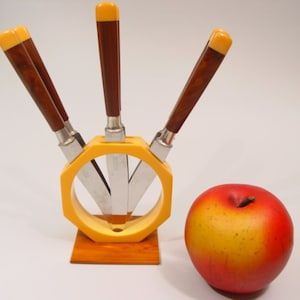 ART DECO antiker Bernstein marmoriert BAKELIT gelb braun Obstmesser Set - Vintage Deutsche Moderne Bauhaus Design Solingen