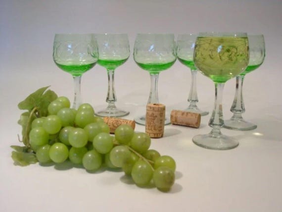 Cherry wine glass ART NOUVEAU 6 dessert glasses THERESIENTAL green uranium coupe 1900s
