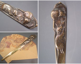 Art Nouveau letter opener MOUSES with chees figure VIENNA bronze  - antique Austrian paper knife - modernism writing flatware - Museum vtg.
