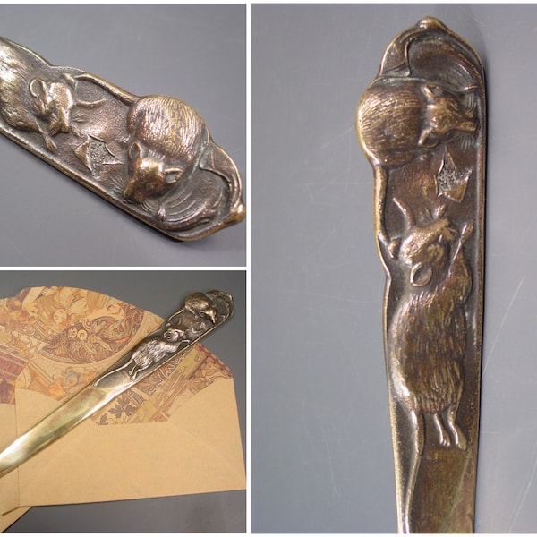 Jugendstil Brieföffner MÄUSE mit Käse figur WIEN Bronze - antikes österreichisches Papiermesser - sammelwürdiges Schreibbesteck - Museum vtg