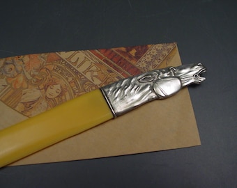 LETTER opener HORSE Art Nouveau paperknife - antique silverplated figure Ivory Celluloid - HoKa - German Hohmann & Katz Pforzheim 開信刀 нож