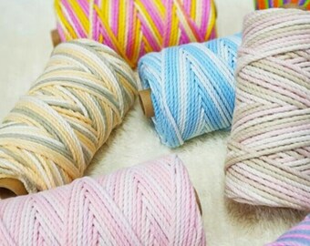 3.0MM Pastel Rainbow Cotton Rope  Macrame Rope Decoration cord 90Meters a Roll Variegated Rope