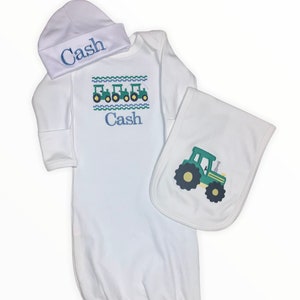 Infant gown with tractor detail
