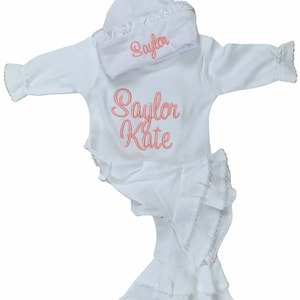 Baby girl coming home outfit, monogrammed ruffle romper, Preemie, Newborn