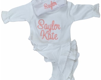 Baby girl coming home outfit, monogrammed ruffle romper, Preemie, Newborn