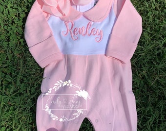 Baby Girl Coming Home Outfit, Monogrammed Romper, Personalized Baby Gift, Monogrammed Sleeper, Newborn Pictures