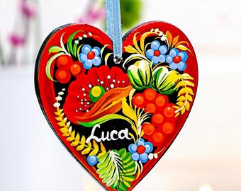 Personalized Heart Christmas Ornament - Hand-painted Wooden Ukrainian Petrykivka Folk Art Christmas Tree Decoration