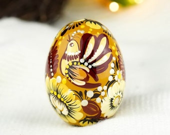 Painted wooden Easter egg, Ukrainian bird Easter egg decoration, Beige flower Ukrainian pysanky egg, Handmade Petrykivka wood Easter egg