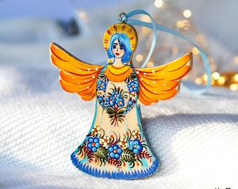 Angel ornament hand painted Christmas ornament, Wooden Christmas ornament handmade, Ukrainian ornament blue & yellow Christmas tree angel