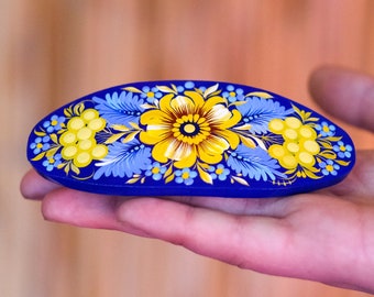 Ukraine hair barrette, Blue and yellow barrette, French hair barrette, Wooden hair clip, Petrykivka flower barrette, Hair barrette women