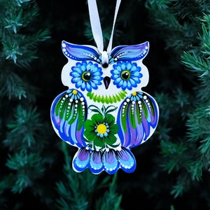 Owl Christmas ornament, Ukrainian Christmas decorations, Petrykivka flower ornament, Wooden Christmas ornament, Cute animal ornament