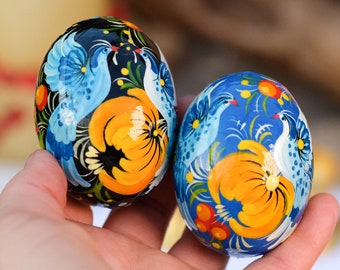 Wooden Easter eggs hand painted with Ukrainian Petrykivka painting, Ukrainian Pysanky with fairy Birds, Decorative egg ornaments on stand