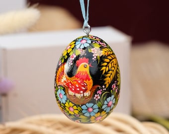 Ukrainian Easter egg, Easter tree egg ornament with painted Chicken on nest, Ukrainian Pysanky egg, Hanging decorative wooden egg with hen
