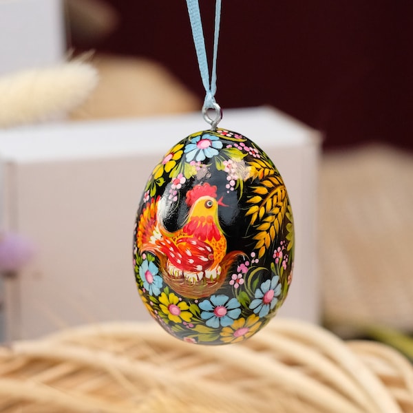 Ukrainian Easter egg, Easter tree egg ornament with painted Chicken on nest, Ukrainian Pysanky egg, Hanging decorative wooden egg with hen