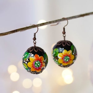 Lightweight sunflower earrings, Painted Ukrainian dangle earrings, Yellow flower wooden earrings Ukrainian jewelry, Petrykivka earrings image 1