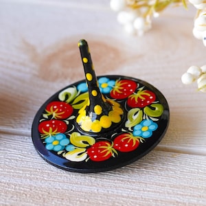 Hand-painted Wooden Spinning Top - Handmade Strawberry Spinning Top, Yellow Flower Ukrainian Spinning Top, Unique Party Bag Favor