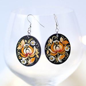Hypoallergenic lightweight earrings, Painted Ukrainian dangle earrings, Beige flower wooden earrings - Ukrainian jewelry, Petrykivka art