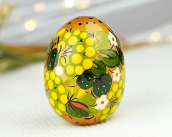 Hand-painted wooden Easter egg, Ukrainian pysanky egg, Petrykivka art handmade Easter decorations for home, Green Easter basket stuffers