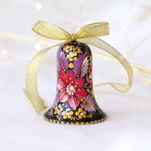 Ukrainian Christmas bell ornament, Hand-painted wooden tree decoration, Pink & purple flower Ukrainian Christmas ornament personalized image 1