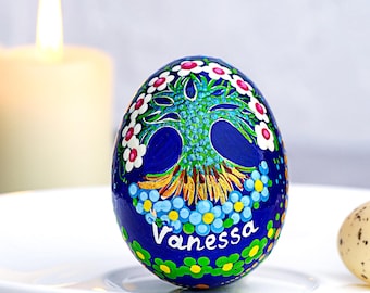 Hand-painted Wooden Egg - Personalized Tree of Life Easter Decoration, Ukrainian Petrykivka Pysanky Eggs