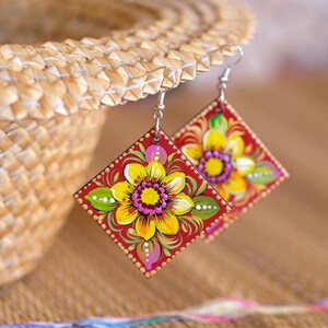 Sunflower dangle earrings, Hypoallergenic wooden earrings, Lightweight painted earrrings, Ukraine folk earrings, Petrykivka flower earring
