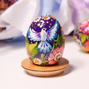 Wooden Easter eggs hand painted with Ukrainian Petrykivka painting, Ukrainian Pysanky with fairy Birds, Decorative egg ornaments on stand