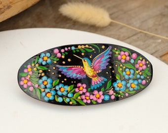 Painted hummingbird hair barrette, Ukrainian wooden hair clip - Petrykivka flower barrette, French hair barrette for women