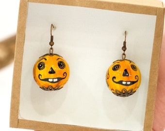 Wooden dangle earrings, Pumpkin face earrings, Halloween Jack O'Lantern earrings, Lightweight circle earrings, Painted orange earrings