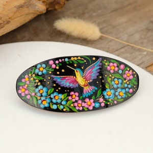 Painted hummingbird hair barrette, Ukrainian wooden hair clip - Petrykivka flower barrette, French hair barrette for women