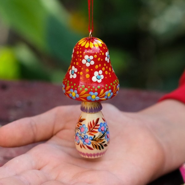 Mushroom Christmas Ornament, Hand-painted Christmas Tree Ornament, Ukrainian Wooden Ornament, Red flower ornament, Fairy Mushroom Decoration