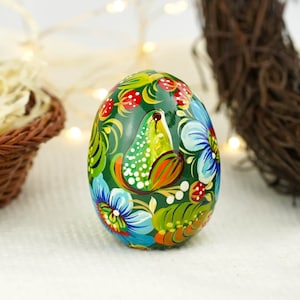 Wooden Frog Easter egg - Hand-painted Easter egg decoration, Ukrainian pysanky egg, Handmade Petrykivka wood Easter egg, Green flower egg