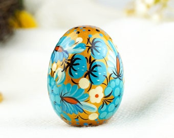 Ovo de Páscoa de madeira pintado à mão, ovo ucraniano pysanky azul e dourado, decoração de Páscoa artesanal Petrykivka para casa, ideal para cestas de Páscoa.