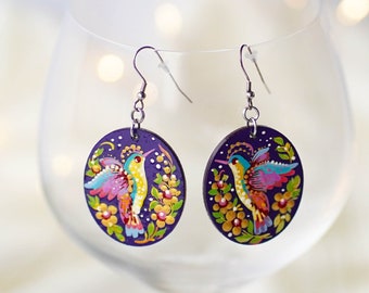 Hypoallergenic lightweight hummingbird earrings - Personalized Wooden cherry blossom earrings, Painted Ukrainian dangle earrings with birds