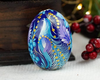 Wooden bird Easter egg, Hand-painted Blue bird Easter egg decoration, Blue flower Ukrainian pysanky egg, Handmade Petrykivka wood Easter egg