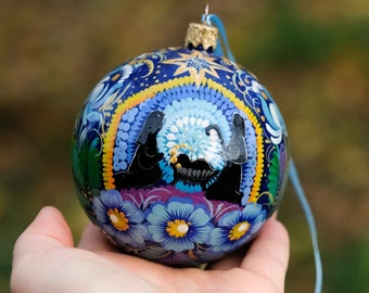 Hand-painted nativity scene ornament, Ukrainian Christmas ornament, Blue flower bauble ornament, Unique tree ball with Petrykivka painting